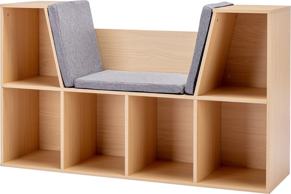 HOMCOM Gyermekpolc Ülőpadával 6 Rekeszes Gyermekpad 3 Párnával Játék Tároló 3 Éves Kortól Szürke+Természetes 103 x 30 x 62 cm | Aosom