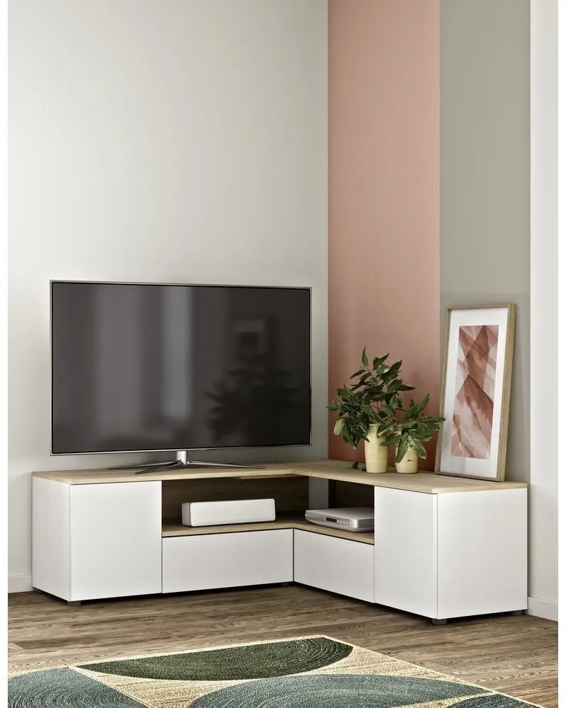 Fehér-natúr színű TV-állvány tölgyfa dekorral 130x46 cm Angle – TemaHome