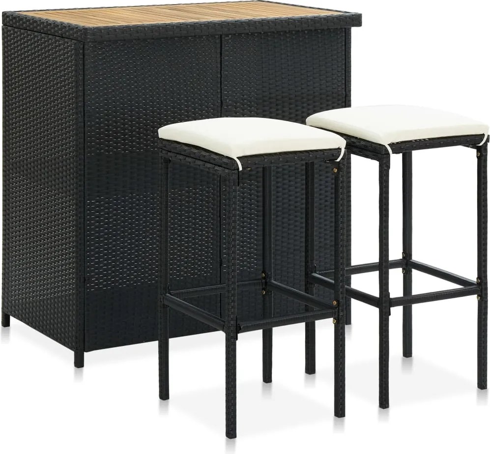 vidaXL 3 részes fekete polyrattan bárszett