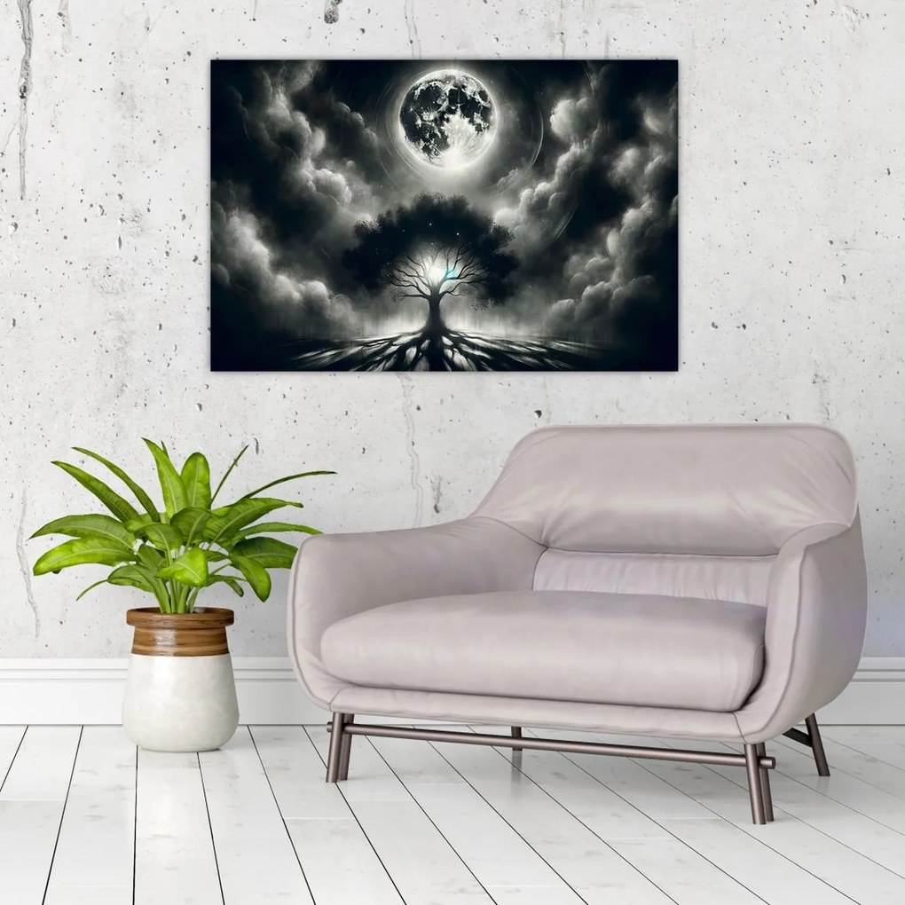 Kép – Fekete-fehér fa teliholdban (90x60 cm)