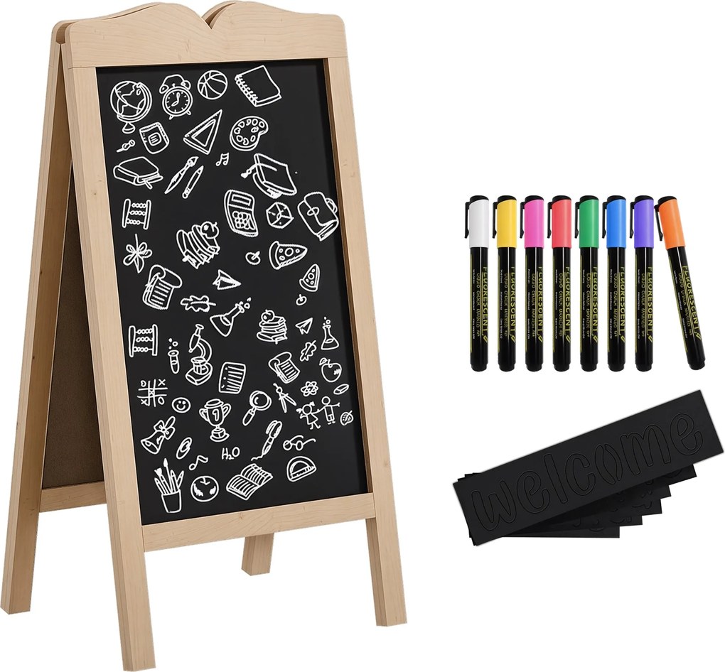 Vinsetto Kétoldalas Krétatábla Állvány Fa Kerettel 51x42x101 cm Természetes | Aosom