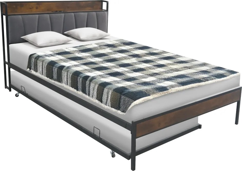 Ágy ágyráccsal és kihúzható pótággyal, 140x200, fekete/szürke, NORDO