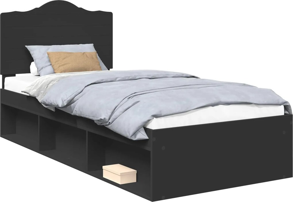 vidaXL Ágykeret fejtámlával Fekete 90 x 200 cm Tömör fenyőfa