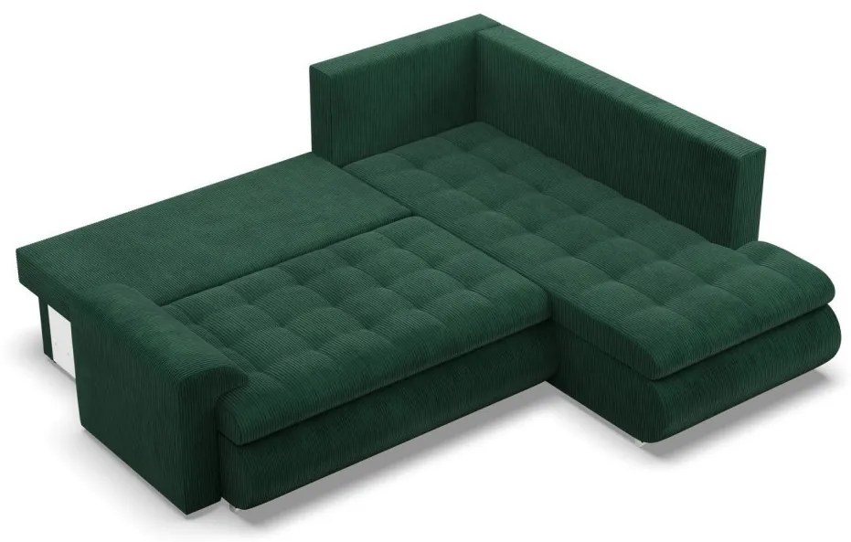 Tokio sarokkanapé, L alakú háttámlával, 2 ágyneműtartóval, kordbársony, jobboldali, zöld