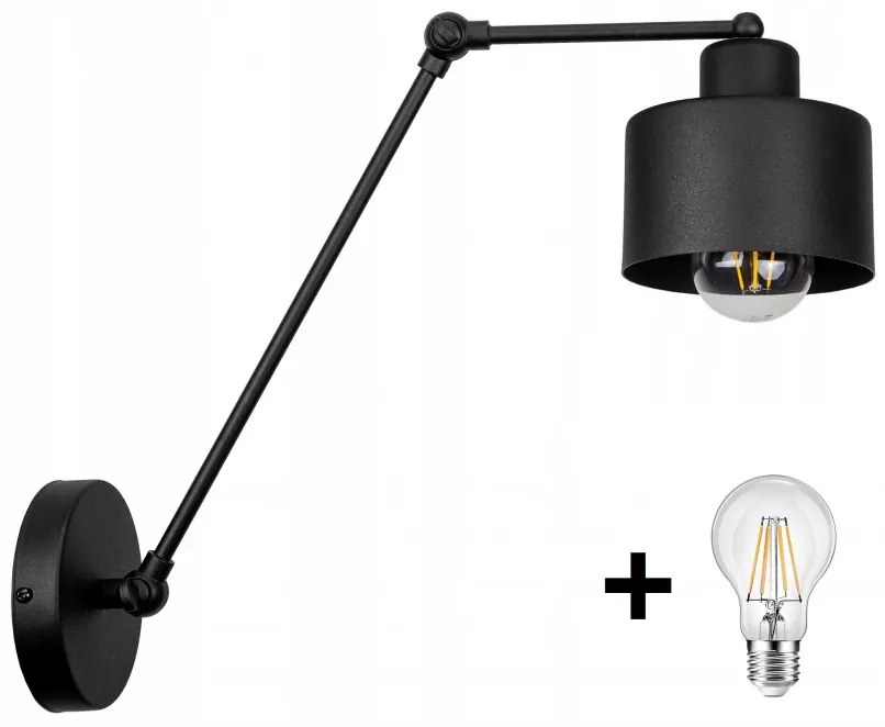 Glimex LAVOR hosszú karos állítható fekete fali lámpa 1x E27 + ajándék LED izzó