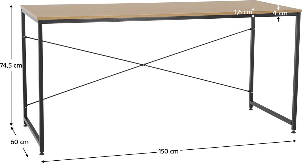 Íróasztal tölgy/fekete, 150x60 cm, MELLORA
