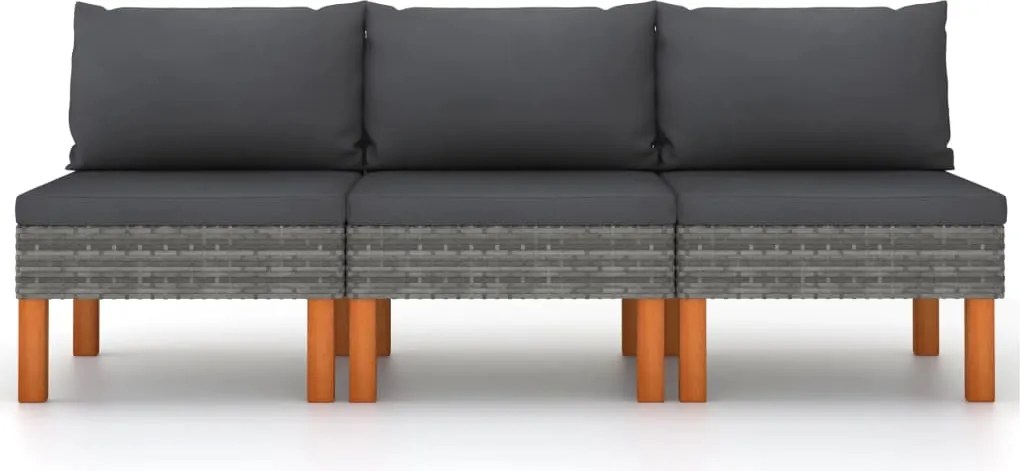 vidaXL 3 db polyrattan és tömör eukaliptuszfa középső kanapé