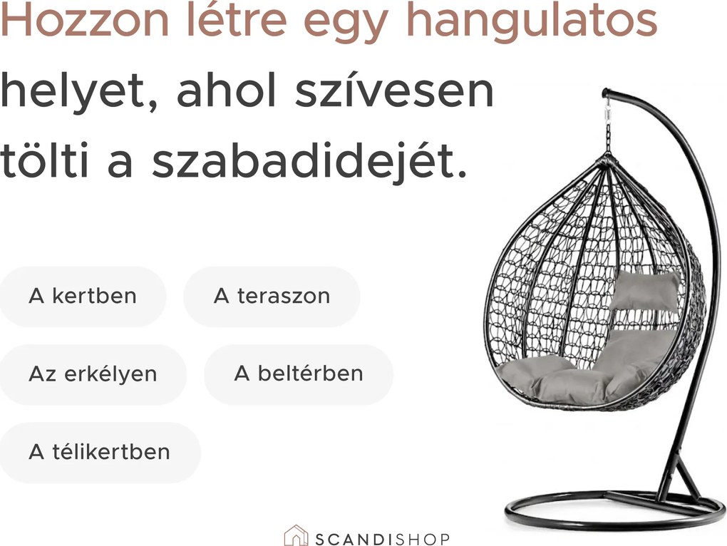 Szürke függőfotel KOKON állvány nélkül, világoszöld mintás párna