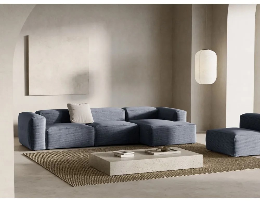 Szürkéskék kordbársony sarokkanapé (jobb oldali-heverő résszel) Bergamo – Cosmopolitan Design