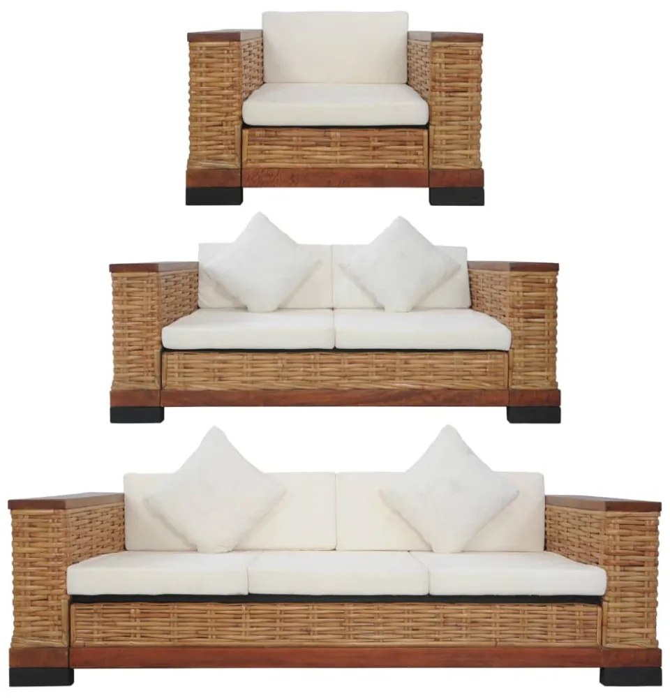 3 részes barna természetes rattan kanapészett párnákkal