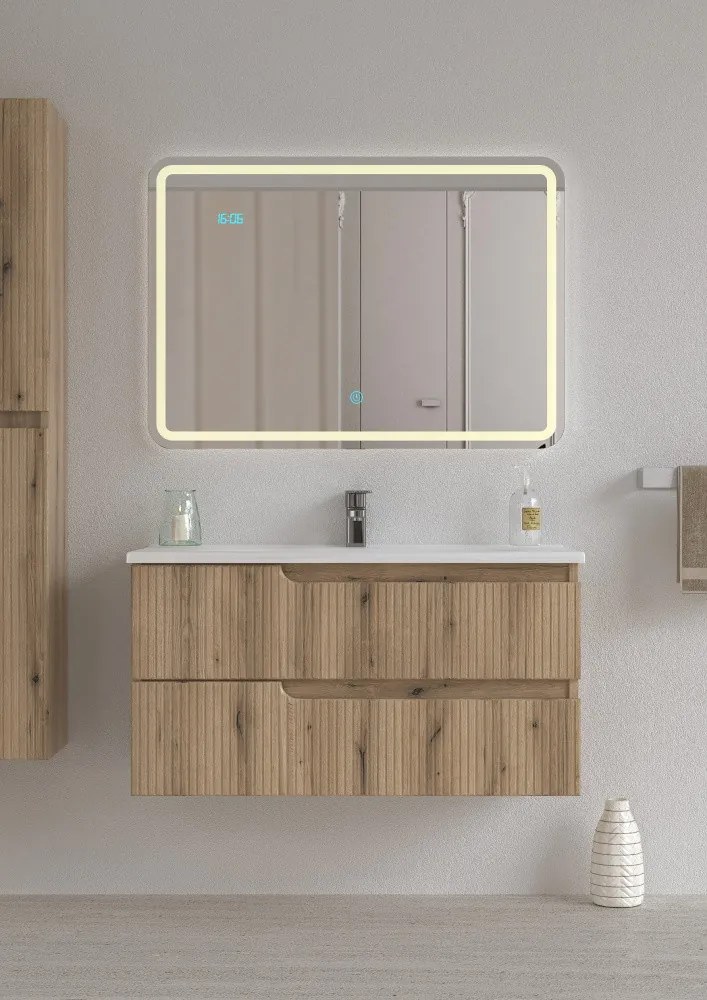 Piramida EURIDIKA fali fürdőszobabútor - műmárvány mosdóval -2 fiókos - PINO TÖLGY - 100 x 48 x 53 cm