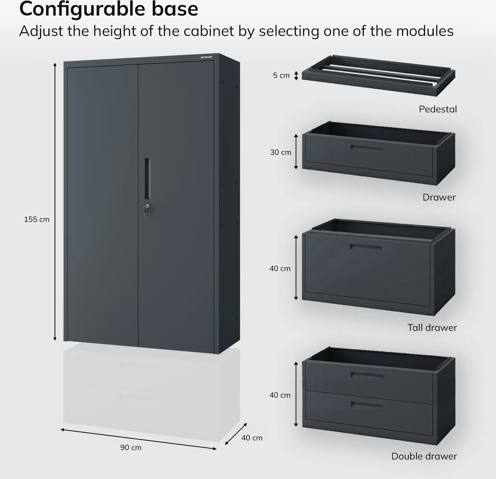 MEGAN moduláris többfunkciós fém szekrény lábazaton, antracit, 1600 x 900 x 400 mm