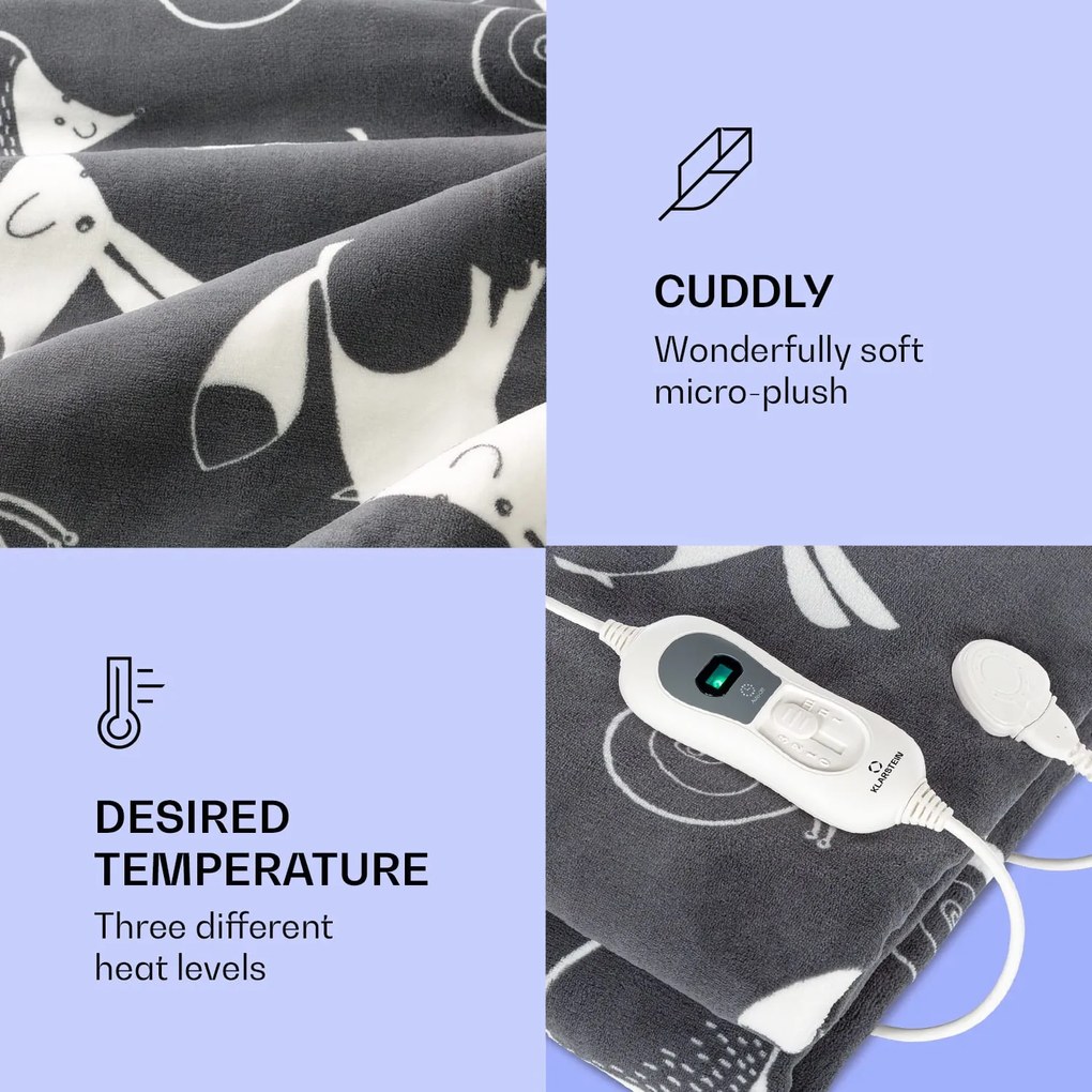 Klarstein Dr. Watson XXL, melegítő takaró, 120 W, 200 x 180 cm, coral fleece, antracit, állatok