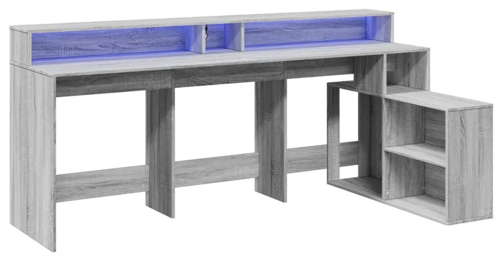 szürke sonoma színű szerelt fa LED-es íróasztal 200x104x91 cm