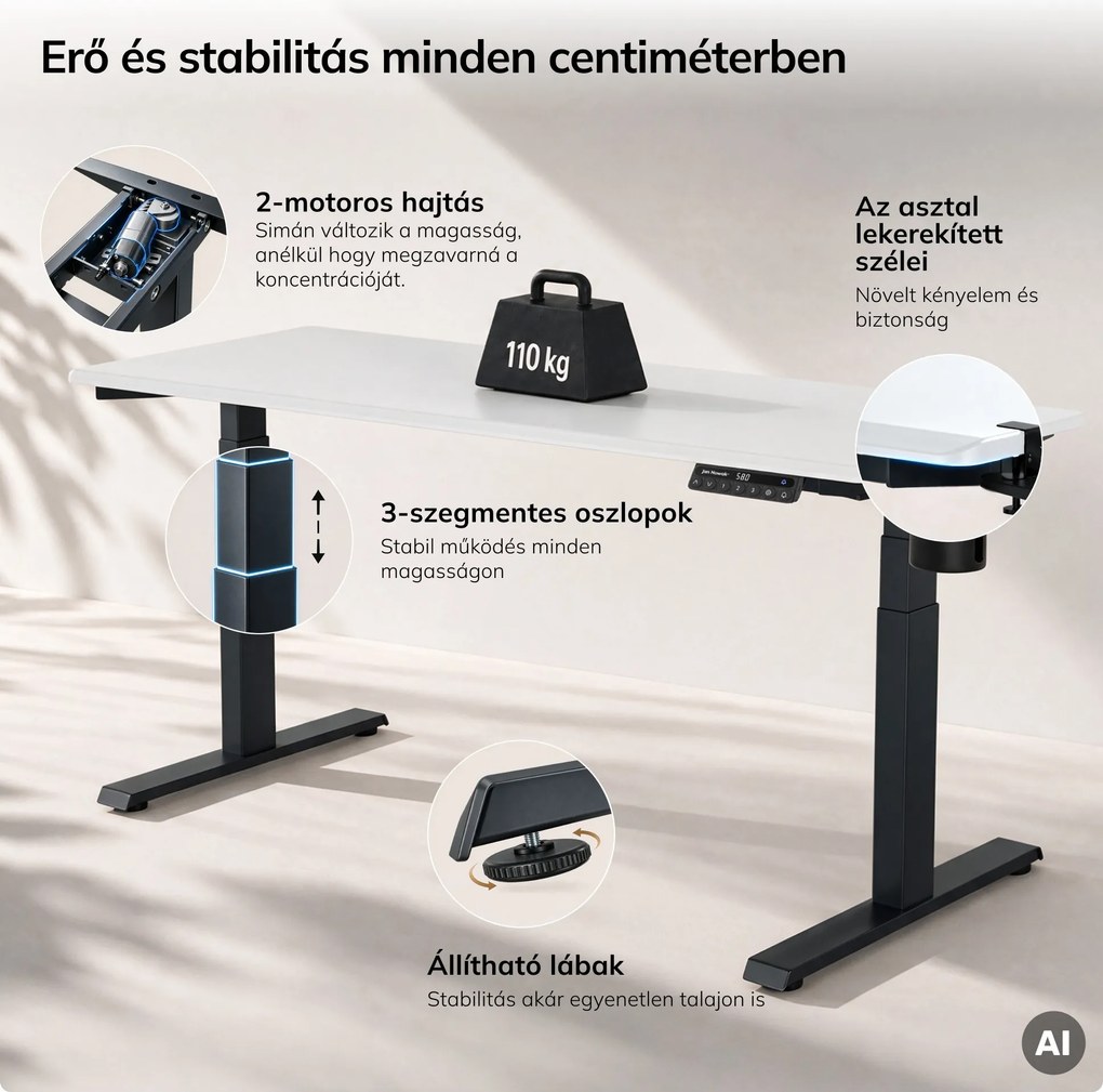 Elektromos íróasztal magasságállítással ergonomikus antracit-fehér, 1600x800 mm: ARIA