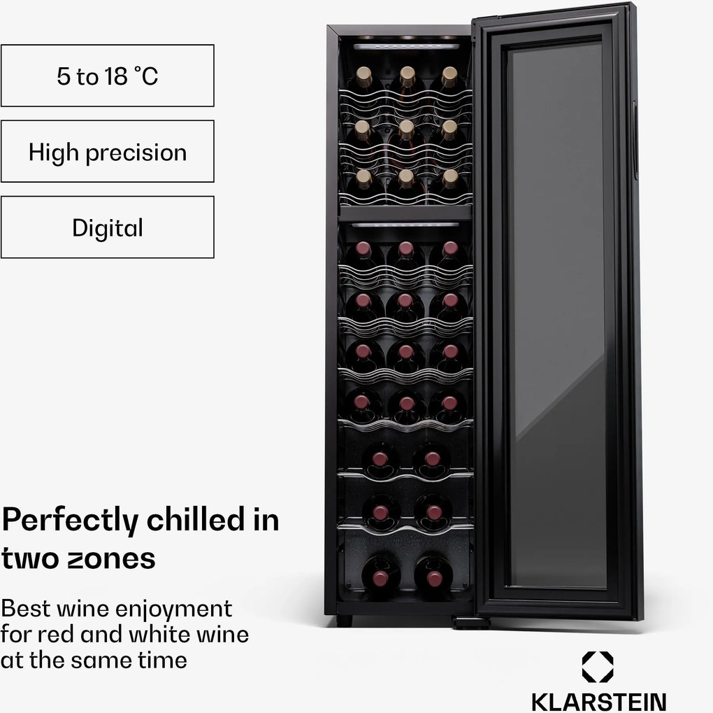Klarstein Shiraz 27 Duo, borhűtő, 2 zóna, 83 l/27 palack, 5-18 / 5-18 °C, érintésvezérlés