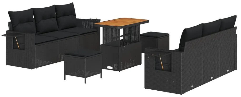 9 részes kerti kanapé szett párnákkal Fekete Poli rattan, Akác, 3 részes kerti étkező szett párnákkal Fekete Poli rattan, Akác
