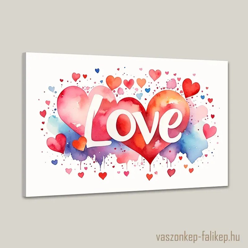 LOVE felirat szívecskékkel – romantikus prémium falikép 60x40 cm