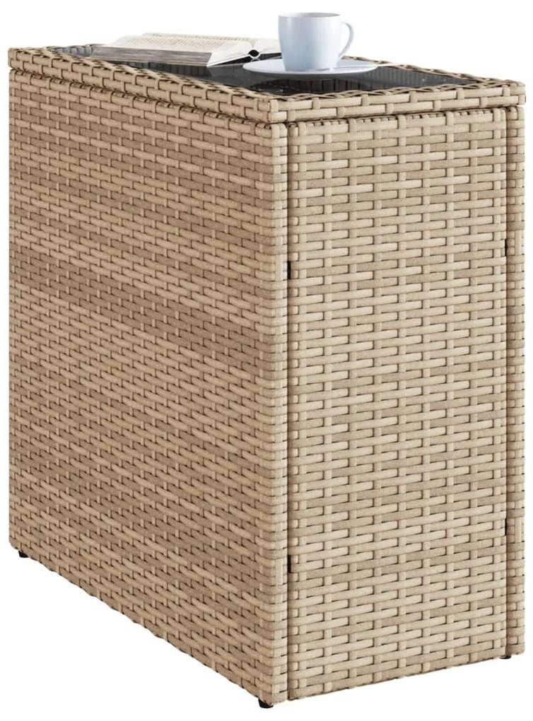 bézs polyrattan kerti kisasztal üveg asztallappal 58x27,5x55 cm