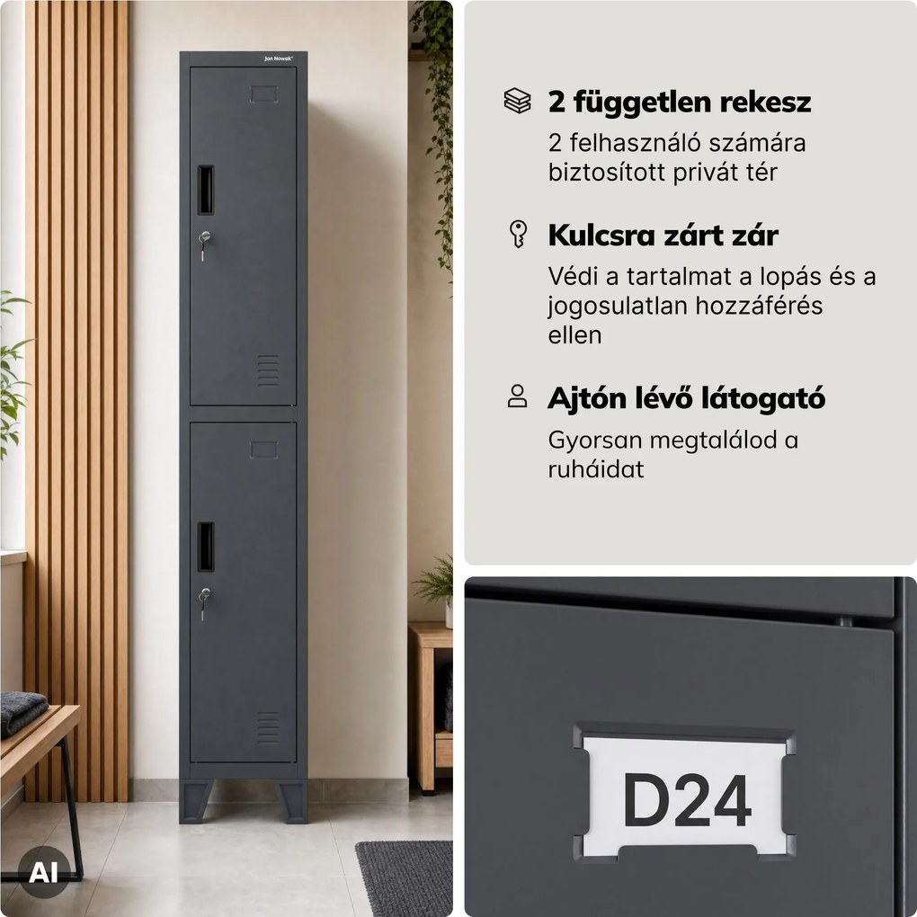 Öltözőszekrény fém munkahelyi mély 2 ajtós antracit, 292x1720x600 mm: BARTEK 1 Plus D600