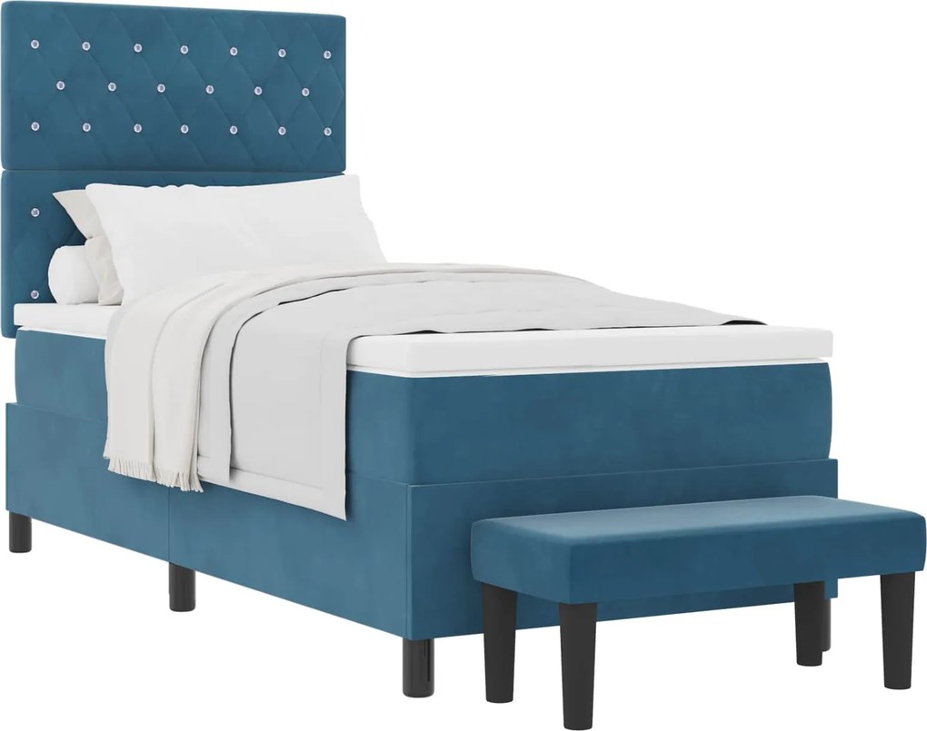 vidaXL Boxrugós ágy matracmal fejtámlával Sötétkék 90 x 200 cm Bársony