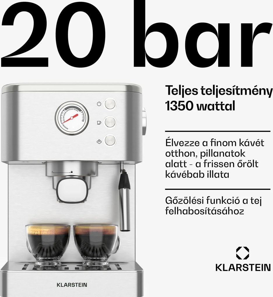 Klarstein SteelPresso kávégép portaszűrővel, Kompakt, 20 bar, Gőzölő, fűtőlap