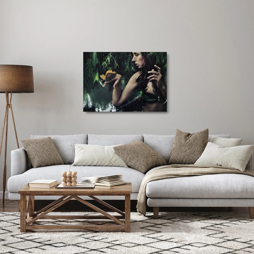 Egy bájos nő képe pillangóval (üvegen) (70x50 cm)