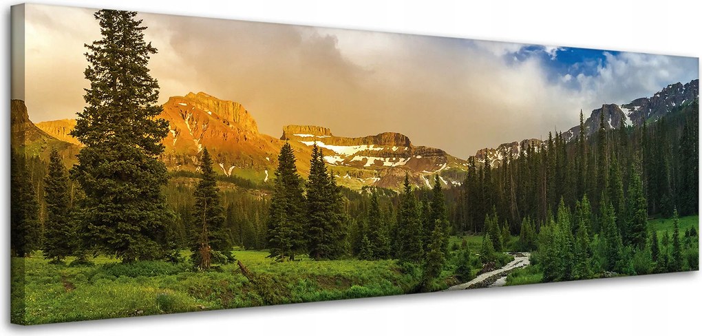 Vászonkép Ösvény a hegyek között Erdő Fák Nap 120x40 cm