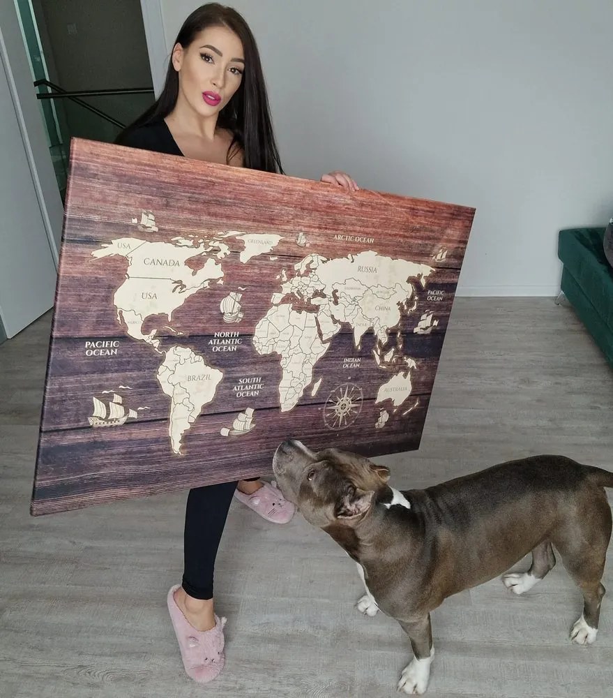 Kép világtérkép fa hatású háttéren