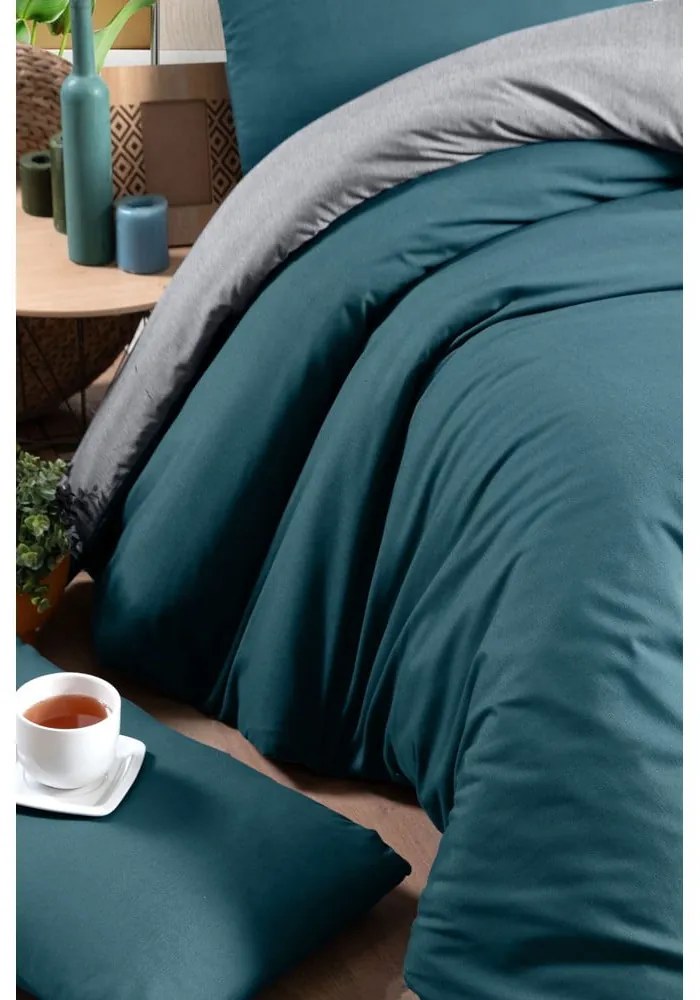 Petróleumkék-szürke egyszemélyes-hosszabbított pamut ágyneműhuzat lepedővel 160x220 cm – Mila Home