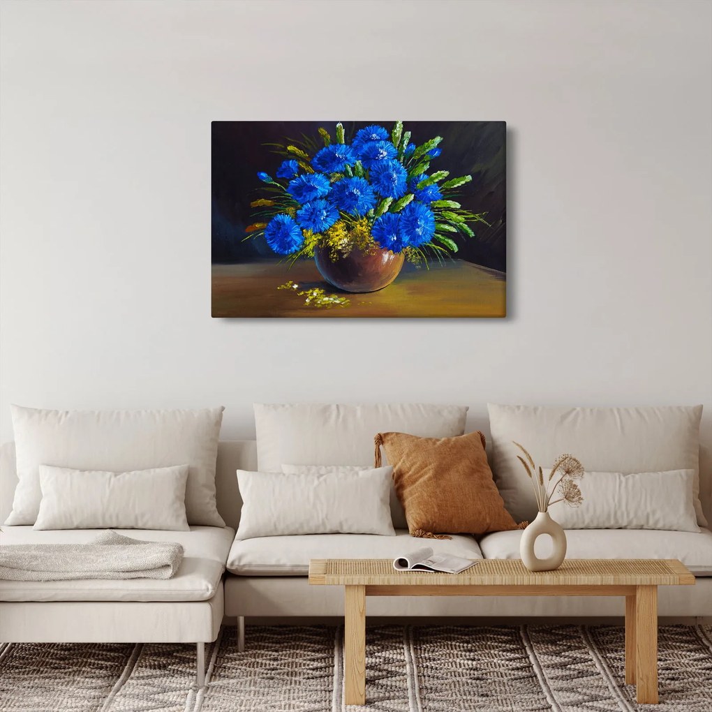 Kék virágok képe egy vázában (90x60 cm)