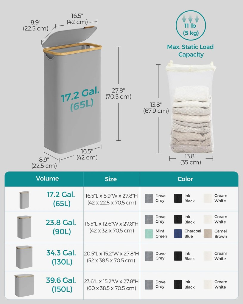 Fedeles mosókosár, 65L, levehető hálós bélés, bambusz fogantyúk, galambszürke