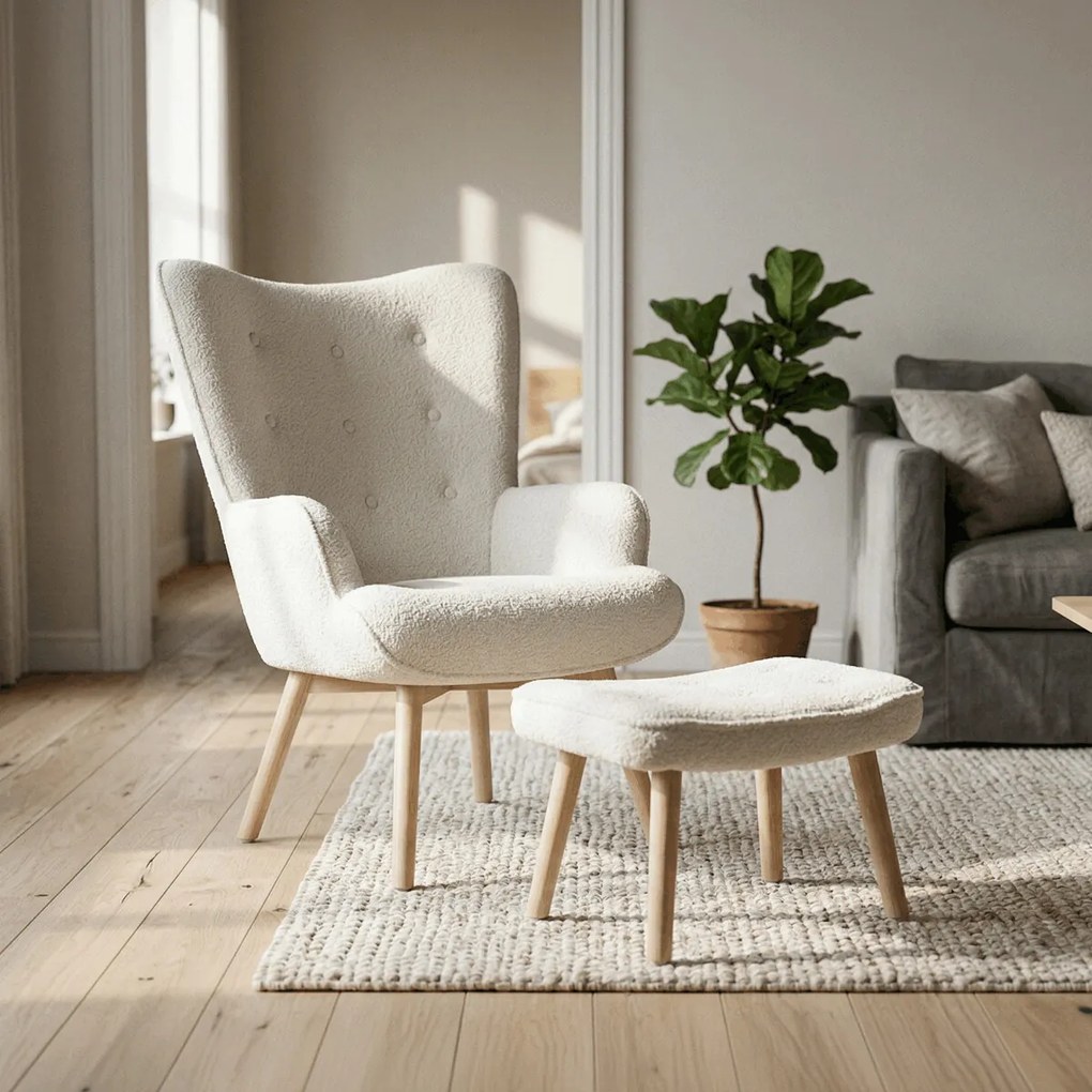 Fehér relaxfotel, bouclé szövet kárpitozással, AK-319 WT2