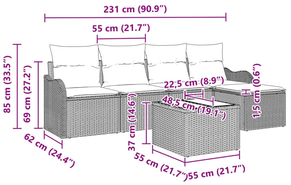 5 darabos kerti kanapé szett párnákkal, barna poli rattan, 2 személyes kerti kanapé párnákkal, fekete poli rattan