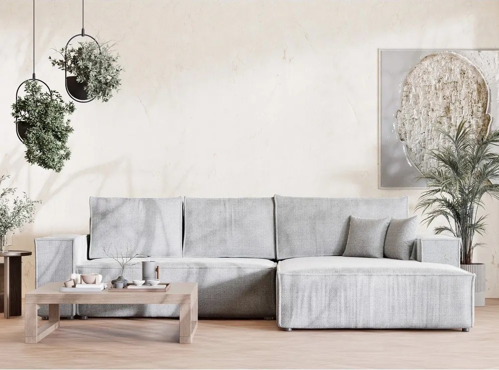 Világosszürke zsenília kinyitható-tárolóhelyes sarokkanapé (jobb oldali-heverő résszel) Maze – Maison de Rêve