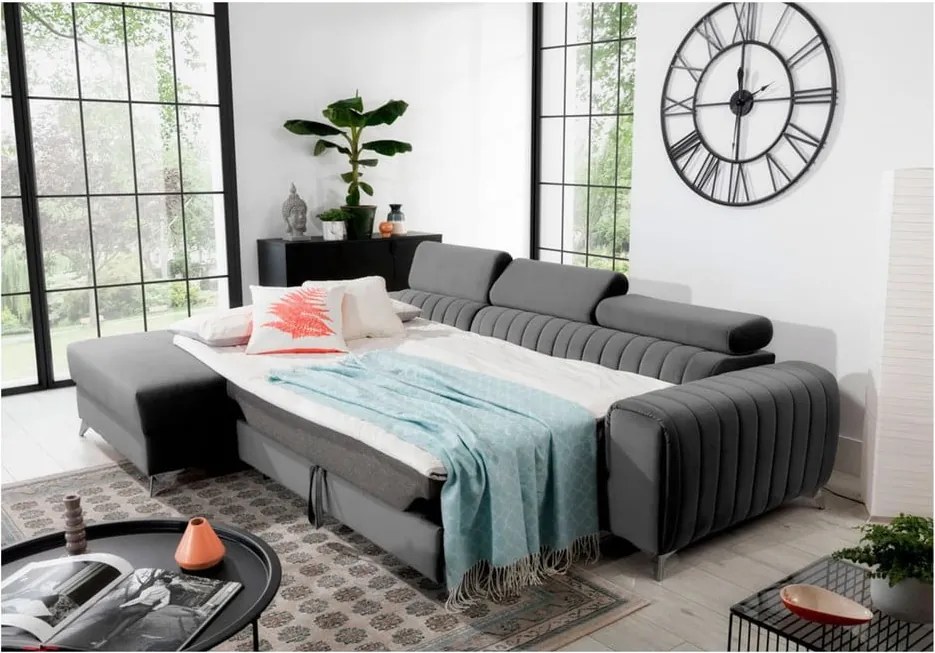 Sötétszürke bársony kinyitható-tárolóhelyes sarokkanapé (bal oldali-heverő résszel) Grayson – ELTAP