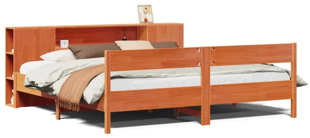 barna tömör fenyőfa könyvespolcos ágy matrac nélkül 200 x 200cm