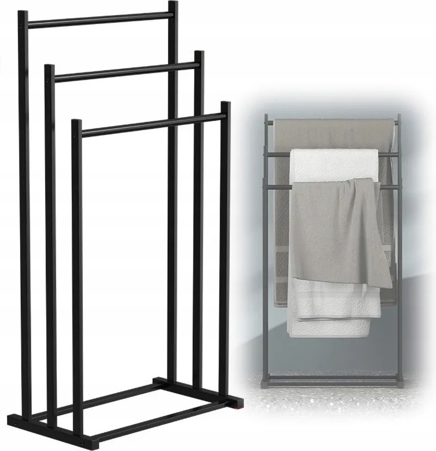Fürdőszobai törölközőtartó állvány fekete fém loft 3 karos