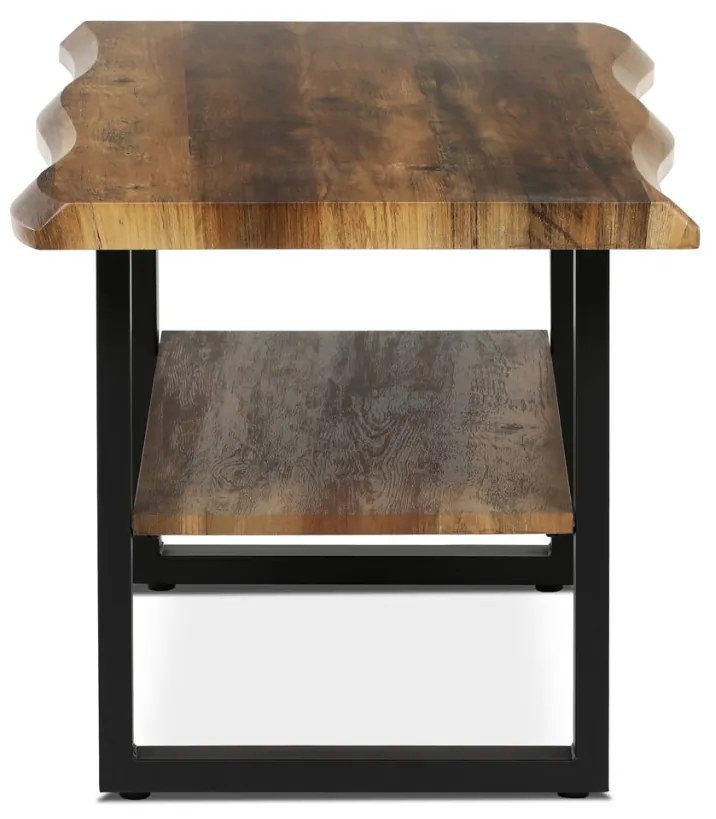 Măsuță de cafea 120x60x55 cm, placă MDF, decor lemn învechit, metal, poliță, picioare negre