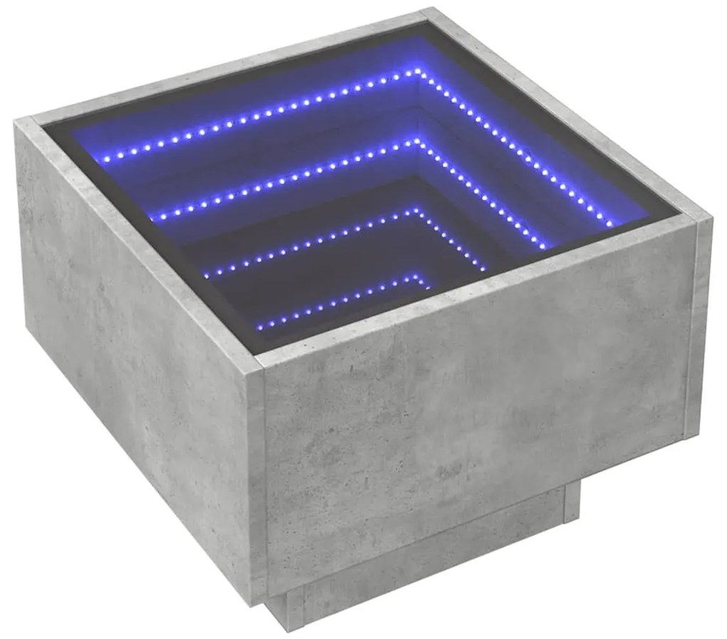 Betonszürke szerelt fa kisasztal LED-del 40 x 40 x 30 cm