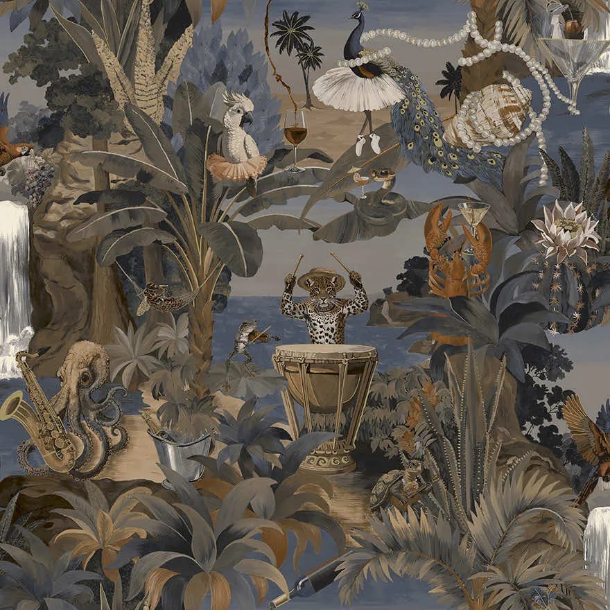 Holden Decor Wanderlust Sunset Carnival sötétkék állatos vlies tapéta – 92091