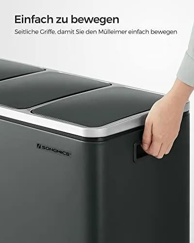 Konyhai szemetes, 3 × 18 literes szelektív hulladékgyűjtő, acél, zöldesszürke
