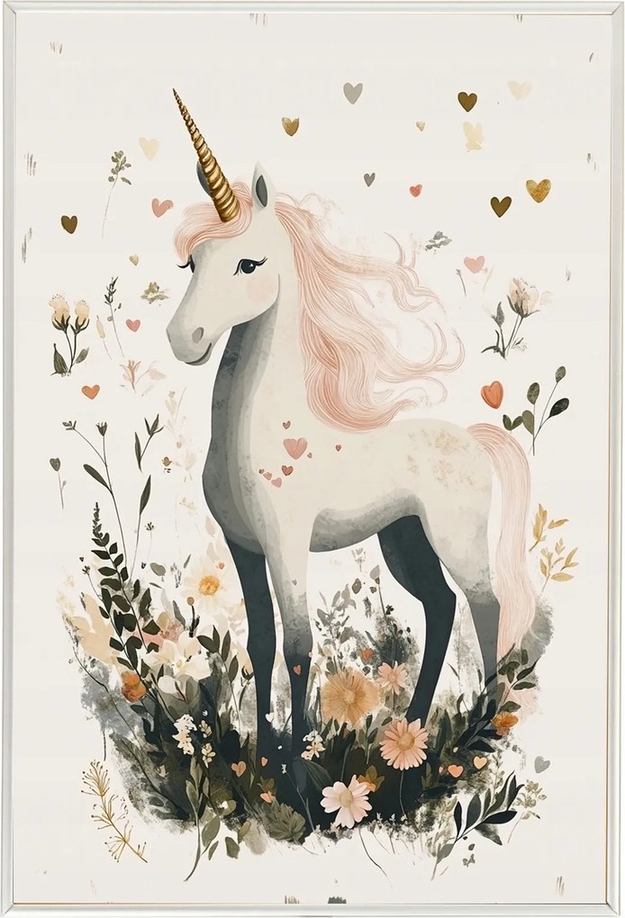 Poszter Alumínium Keret Gyerekek Unikornis Virágok Szív Mese Legenda 40x60