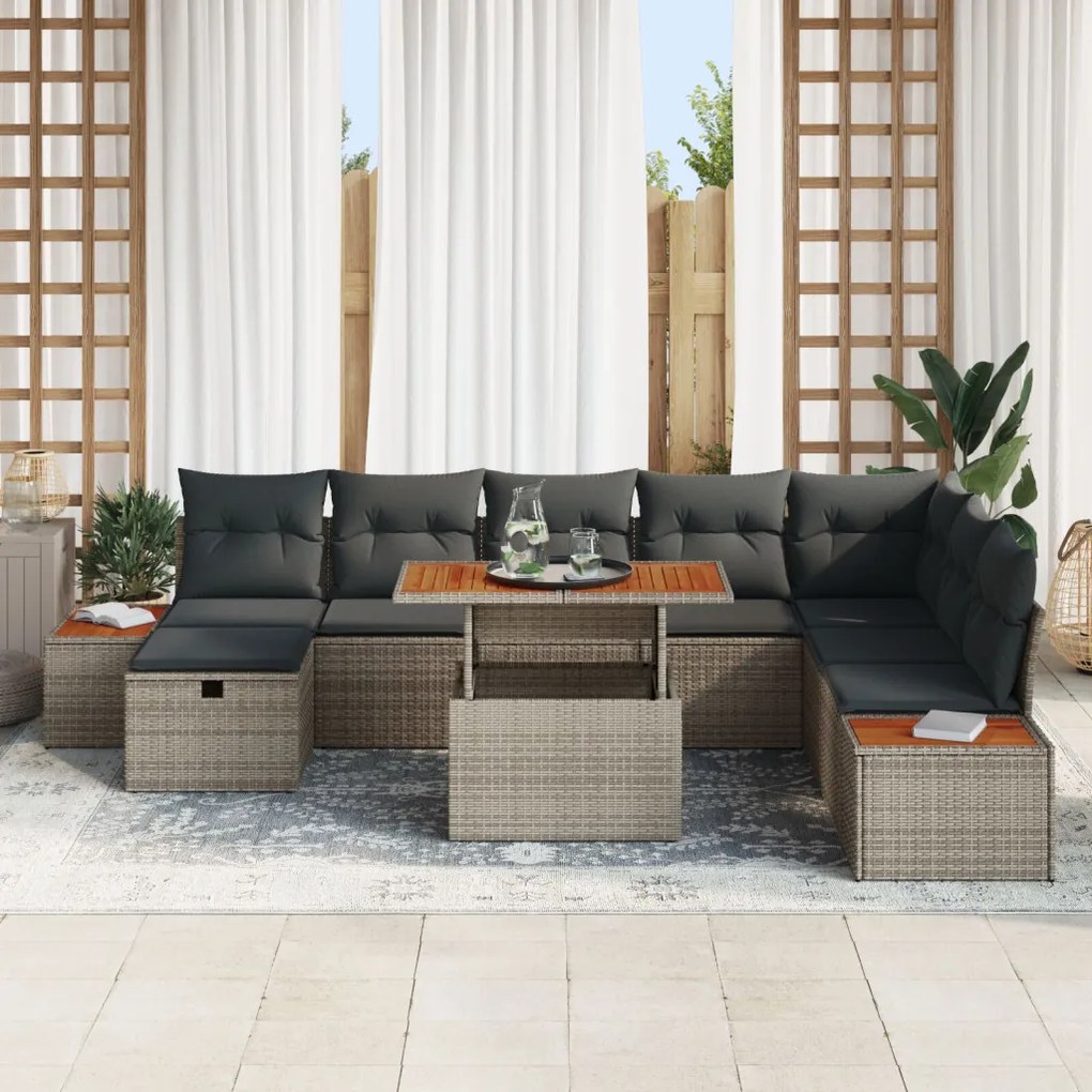 9 Részes Kerti Sofa Szett Párnákkal Szürke Poli Rattan