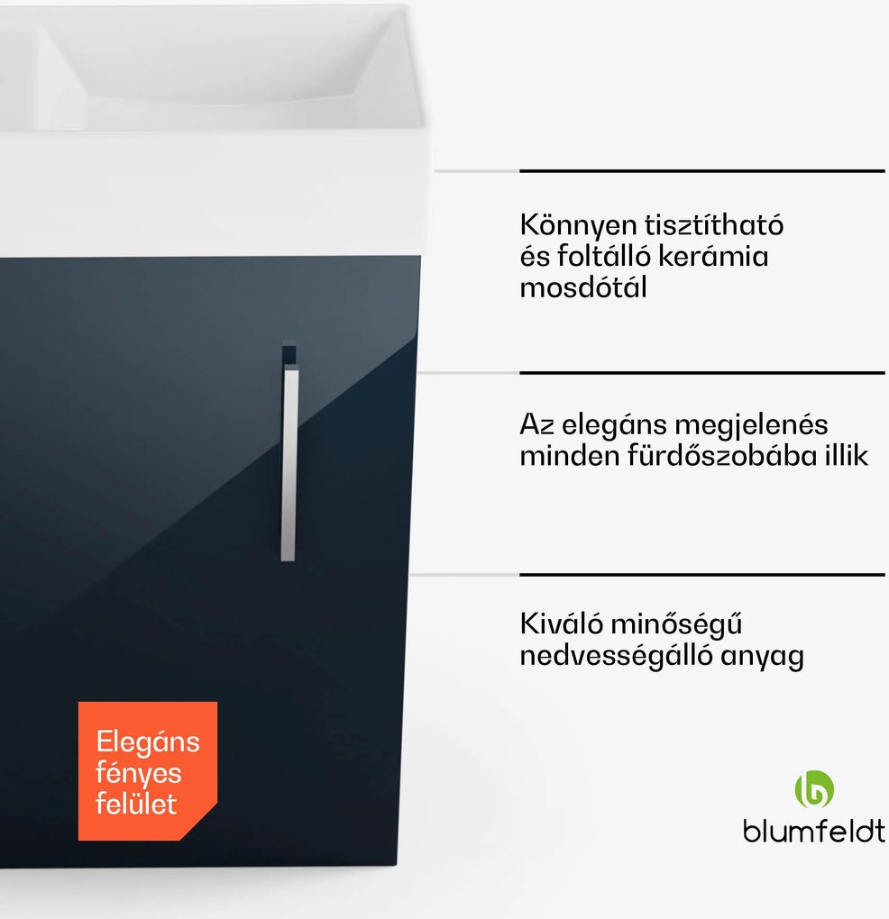 Blumfeldt Johnstone, mosdó és fürdőszoba szekrény, 40 cm, kerámia mosdó, Soft-Close záródású