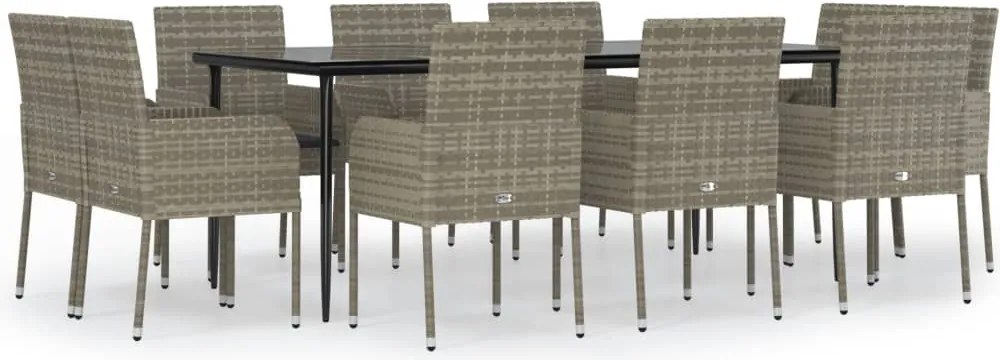 vidaXL 11 részes fekete-szürke polyrattan étkezőgarnitúra párnákkal