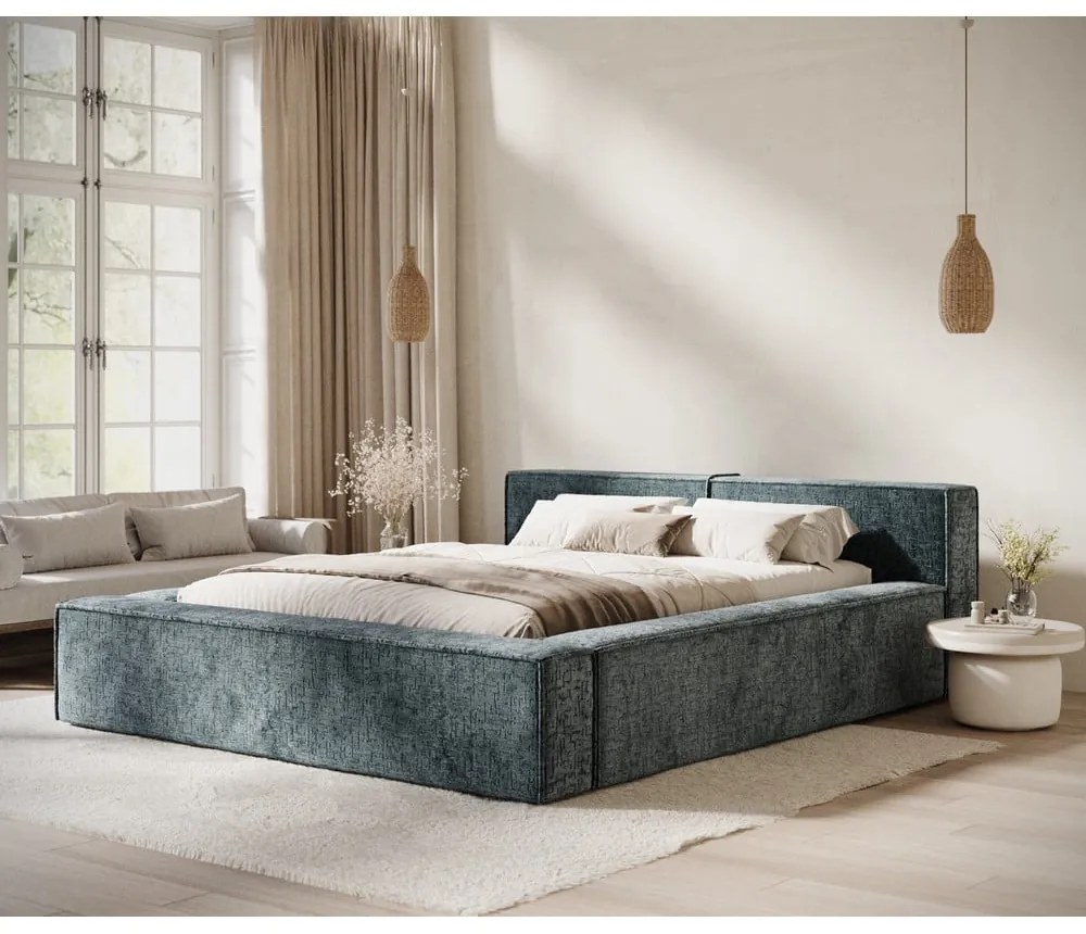 Szürkéskék kárpitozott ágyneműtartós franciaágy ágyráccsal 160x200 cm Voliera – Maison de Rêve