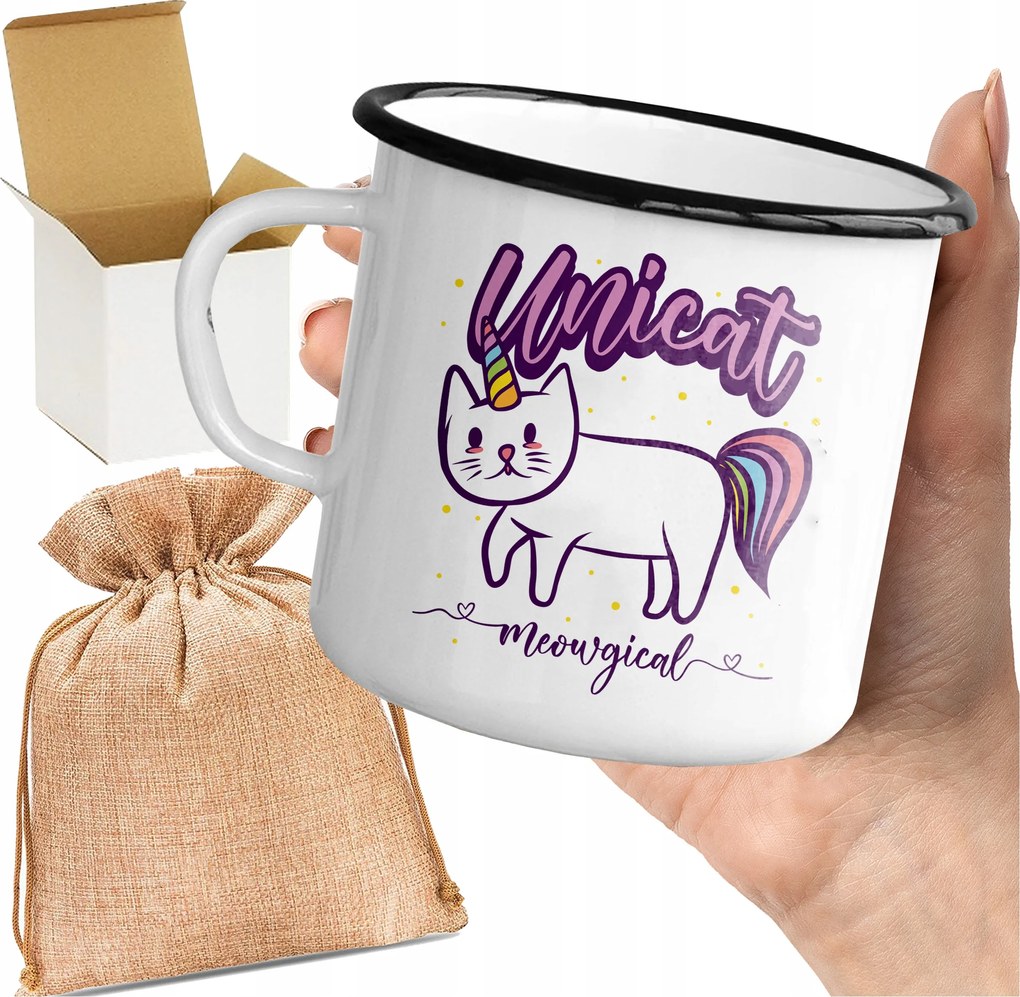 Bögre_emalinált Nyomott Mintás Unicat Meow Aranyos Cica Macska Nyomott Minta