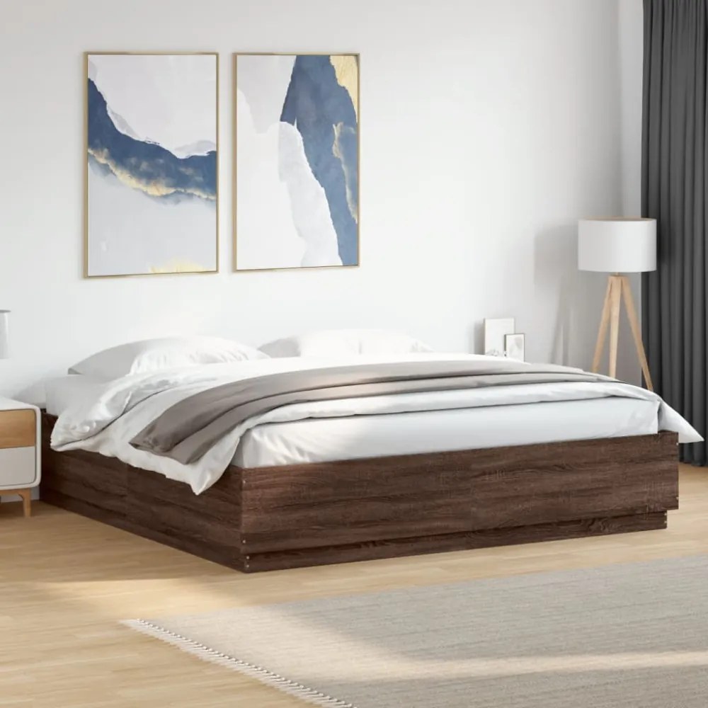 barna tölgy színű szerelt fa ágykeret LED-del 200 x 200 cm