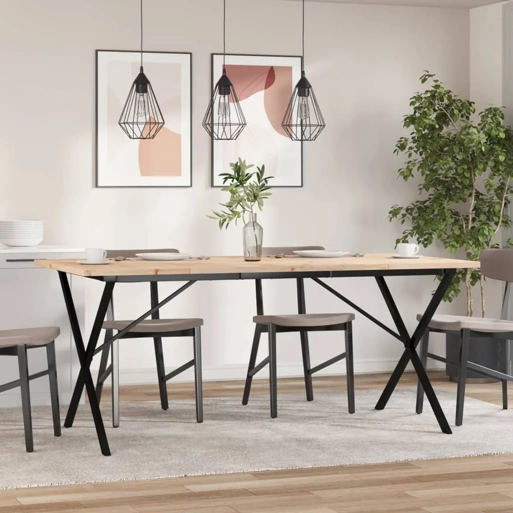 Tömör fenyőfa és acél étkezőasztal X-vázzal 180x90x75,5 cm